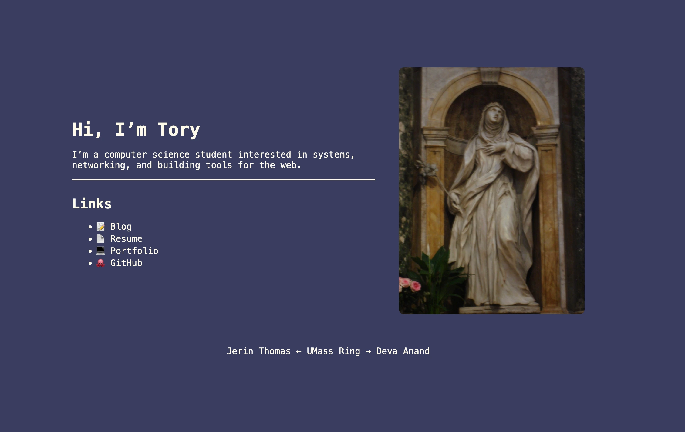 Screenshot of Tory Leone's personal website home page